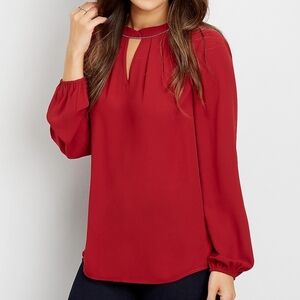 Maurices Elegant Red Blouse Beaded Keyhole Neck